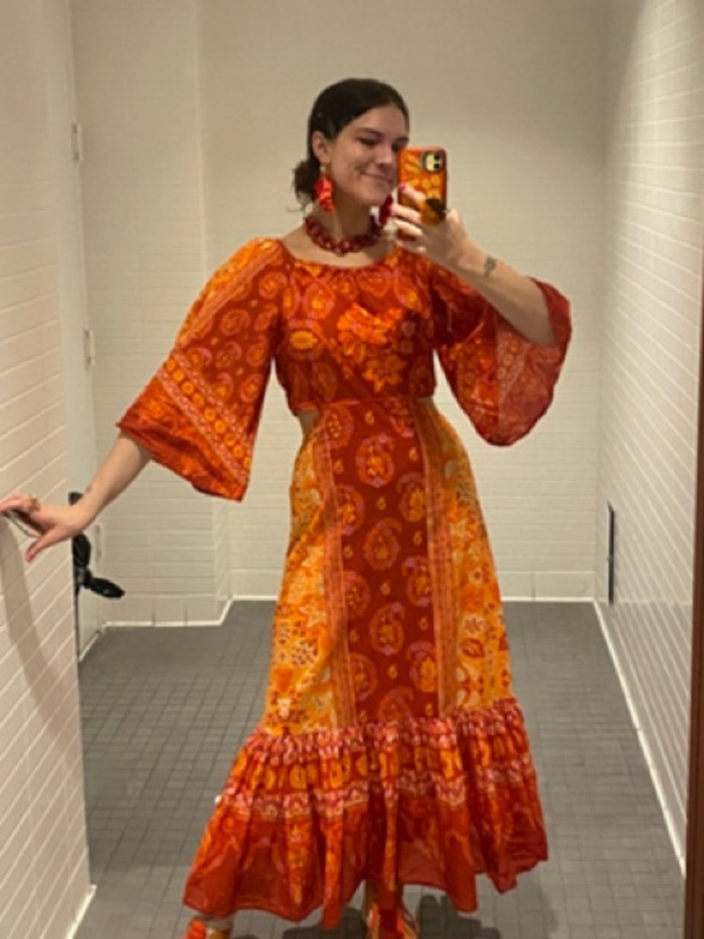 FARM Rio beautiful bell sleeve cutout dress. Colorful fruit floral print Maxi - Picture 16 of 16